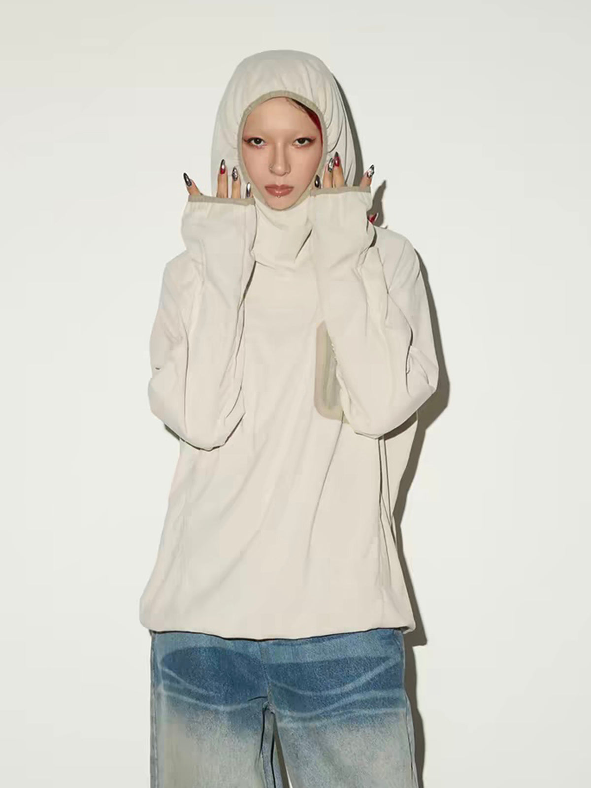 Co-ed Dorm Baggy Minimalist Drawstring Hooded Top - White