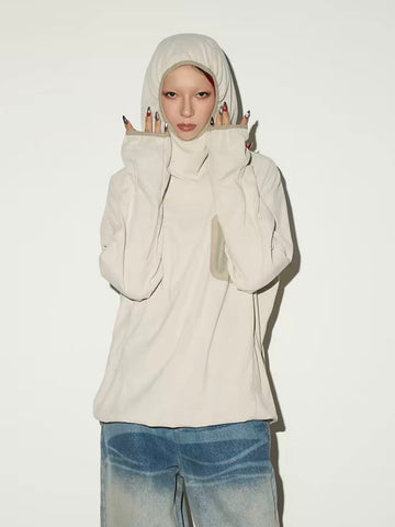 Co-ed Dorm Baggy Minimalist Drawstring Hooded Top - White