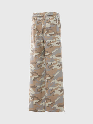 Co-ed Dorm Wide-leg Camouflage Pants - Beige