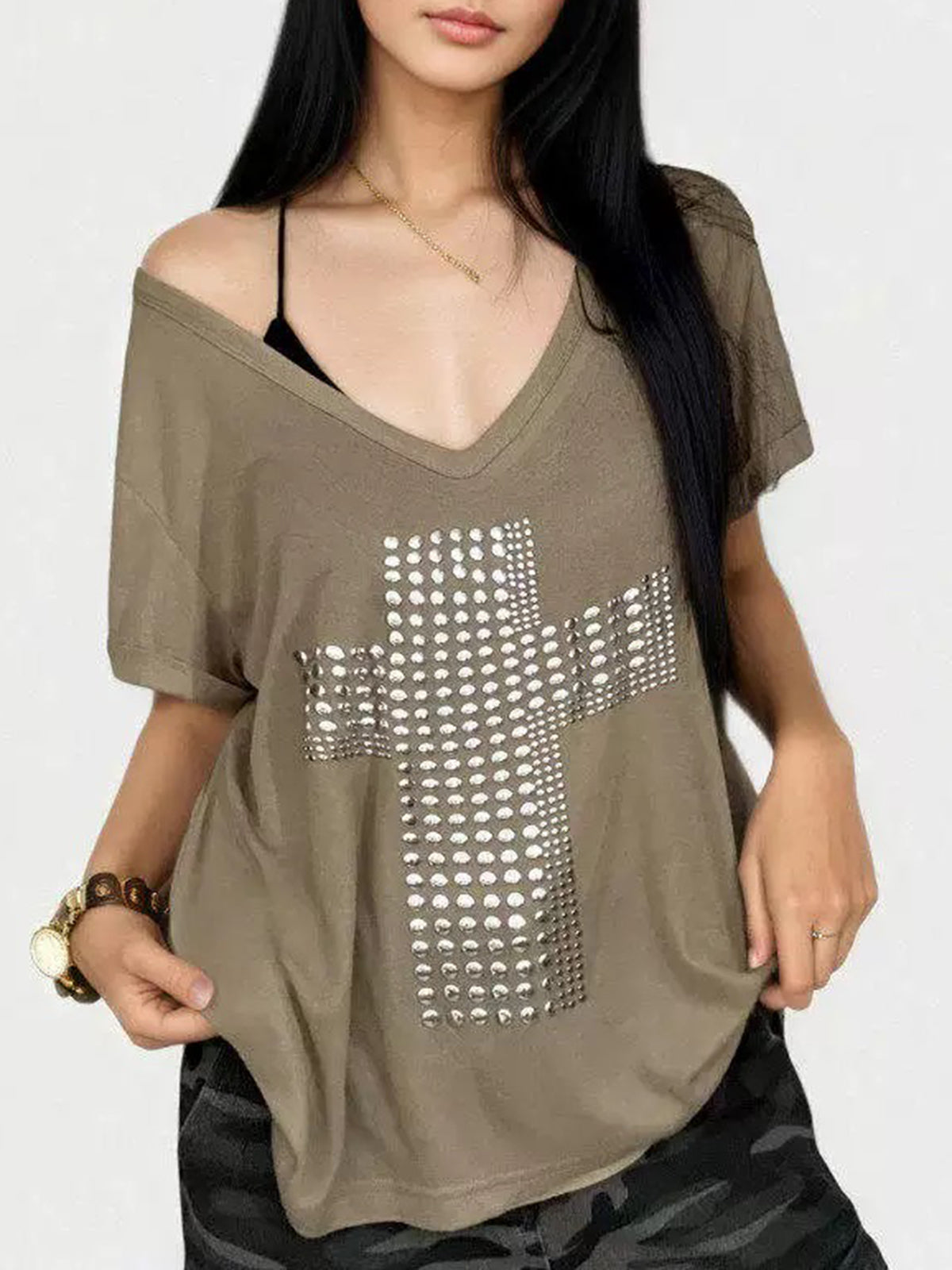 Brick Lane Baggy Rhinestone Cross Off-The-Shoulder Tee - Brown