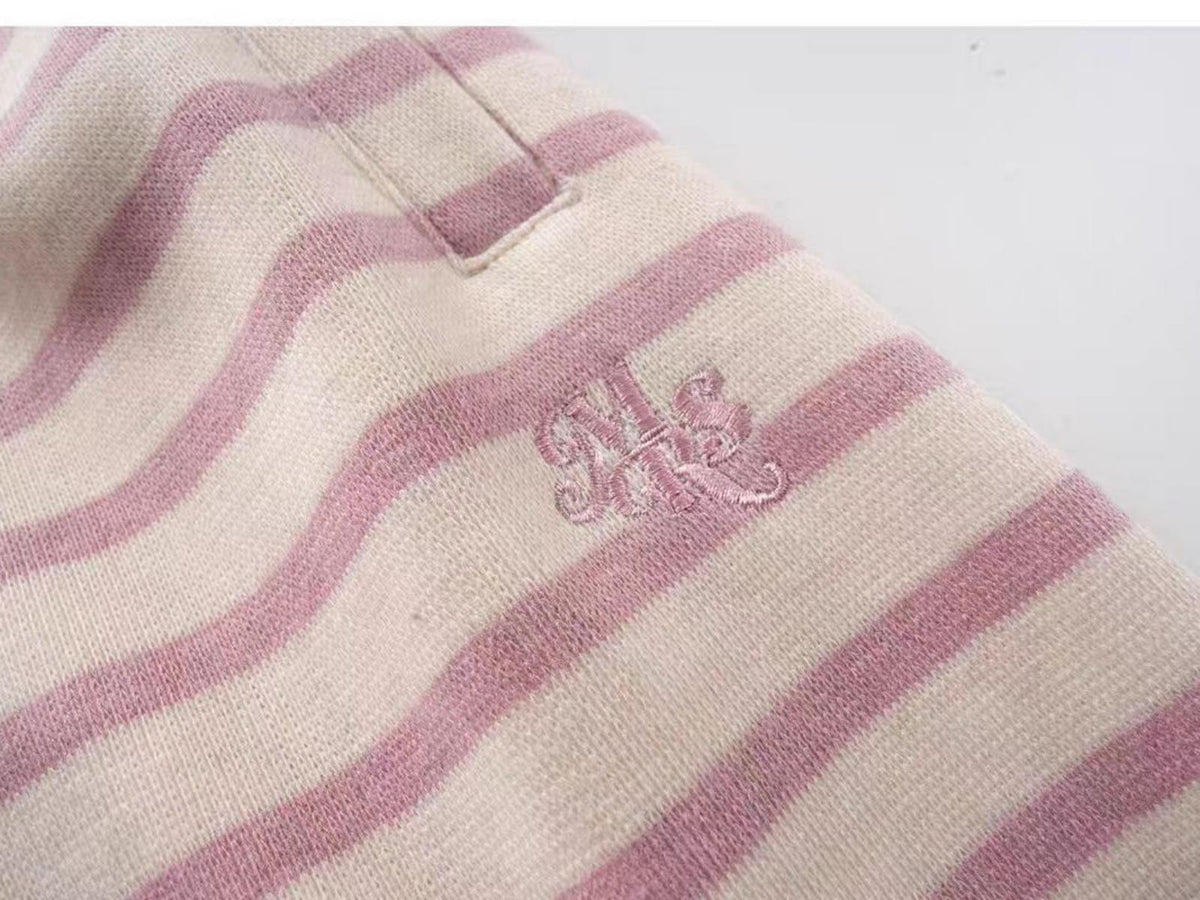 Brick Lane Striped Drawstring Wide-Leg Maxi Pants - Pink/White