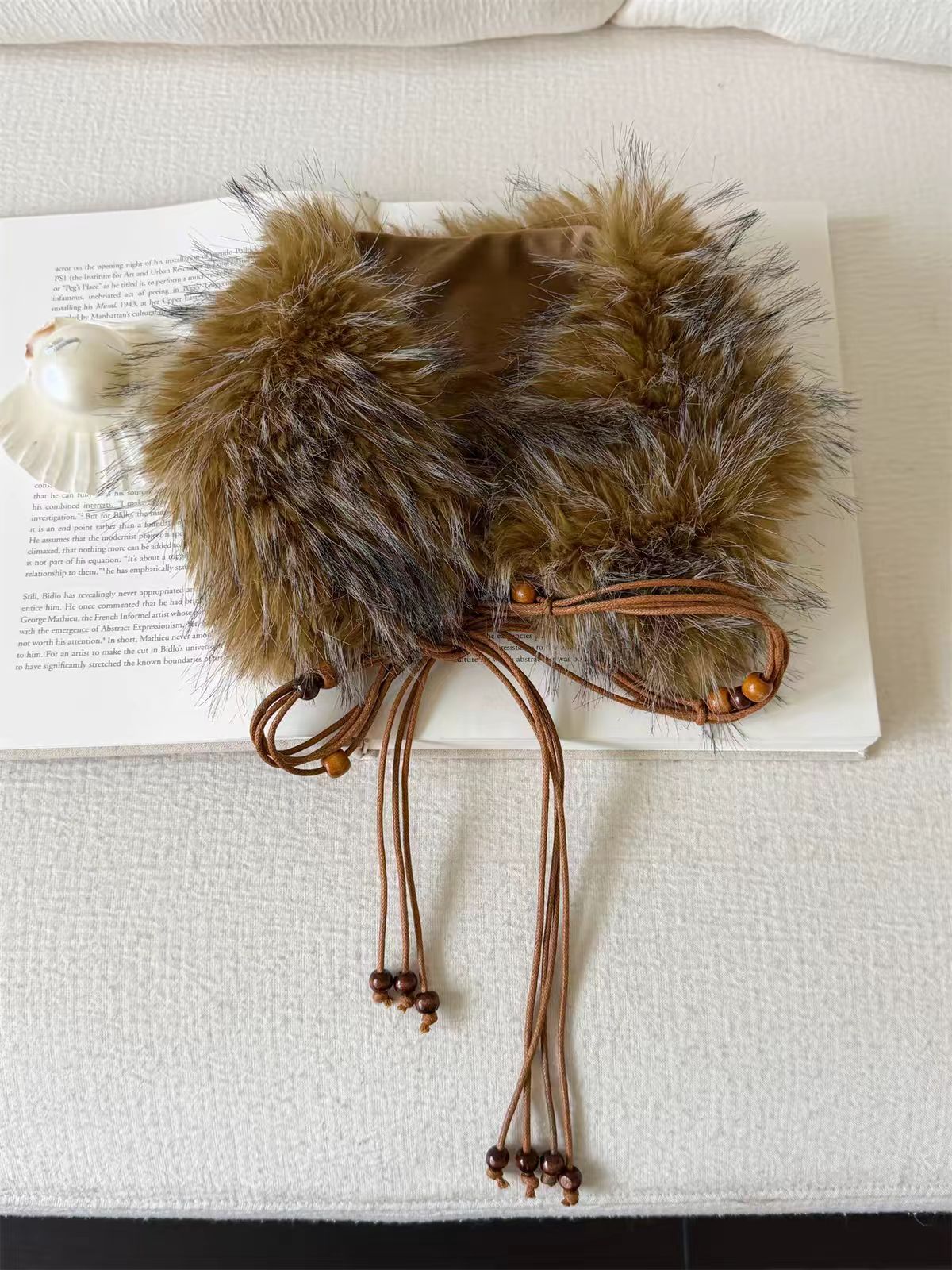 Brick Lane Textured Faux Fur Tie-Front Collar Scarf - Khaki