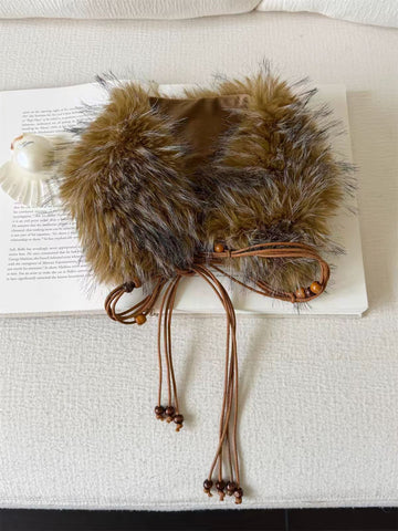 Brick Lane Textured Faux Fur Tie-Front Collar Scarf - Khaki