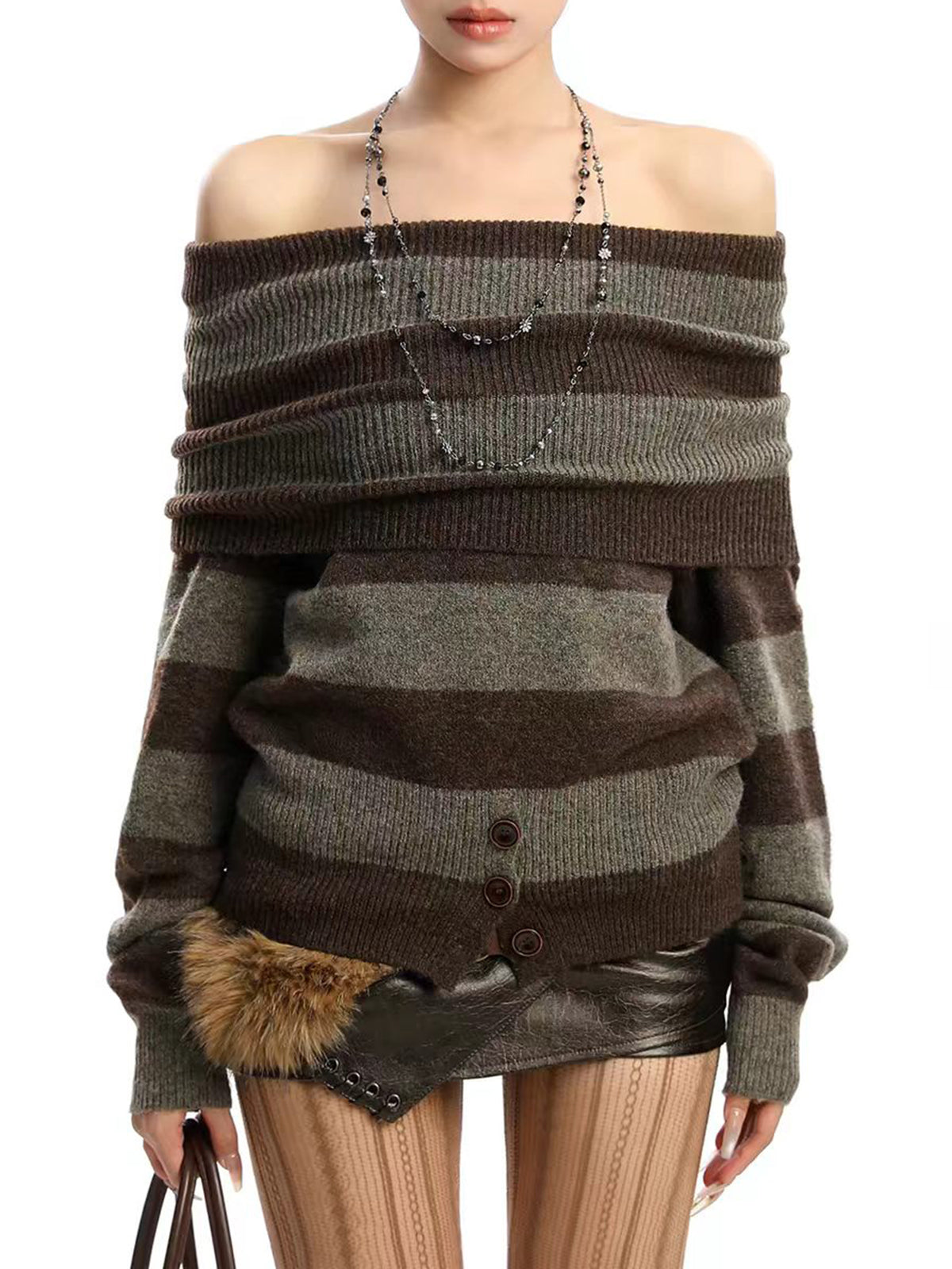 Brick Lane Striped Off-Shoulder Distressed Knit Mini Dress - Brown