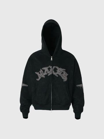 Co-ed Dorm Baggy Graphic Printed Zip-up Hoodie - Black