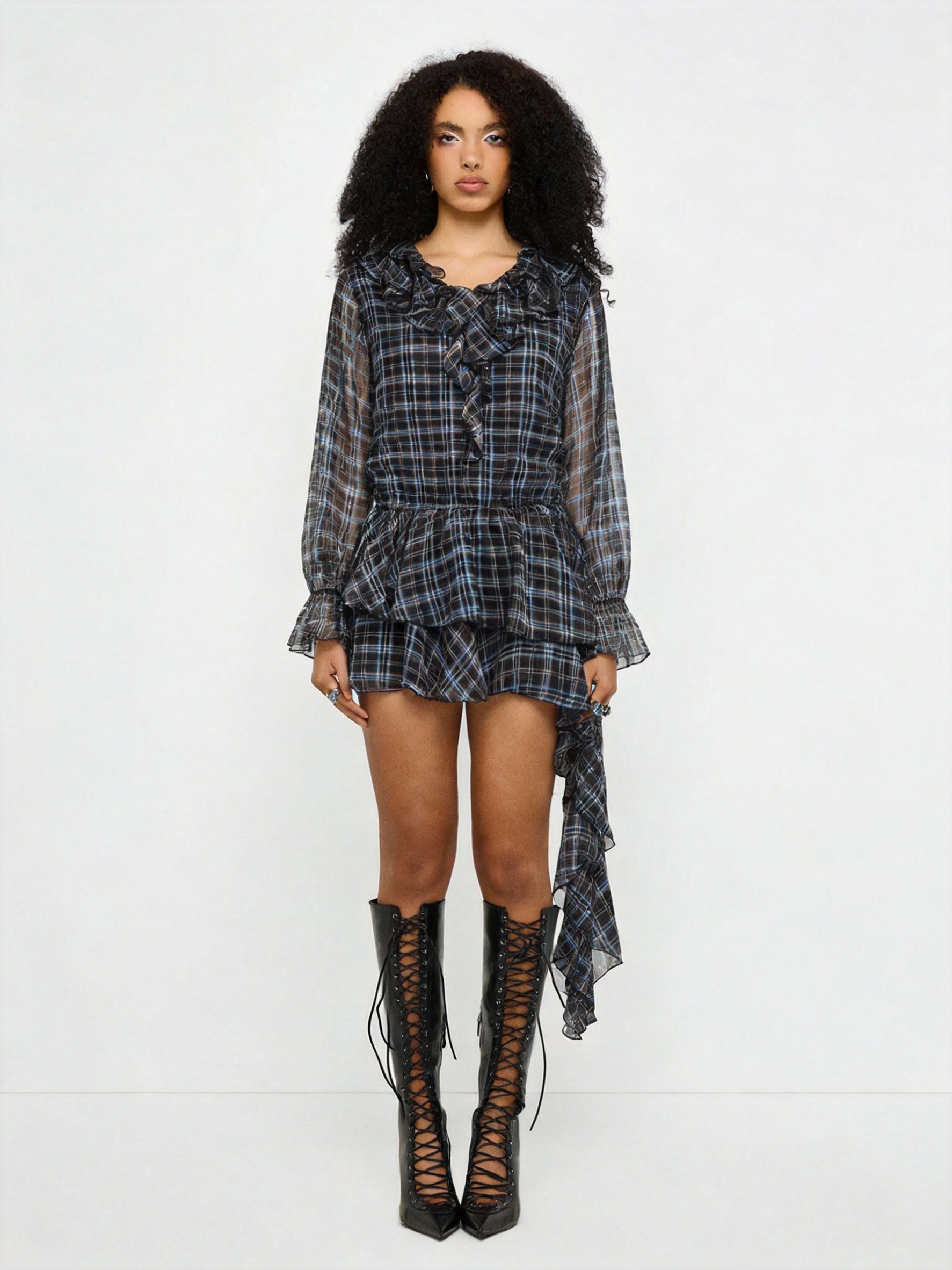 Soft Disagreement Ruffle Dress – Navy Check