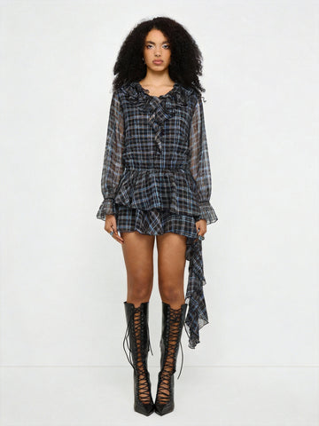 Soft Disagreement Ruffle Dress – Navy Check