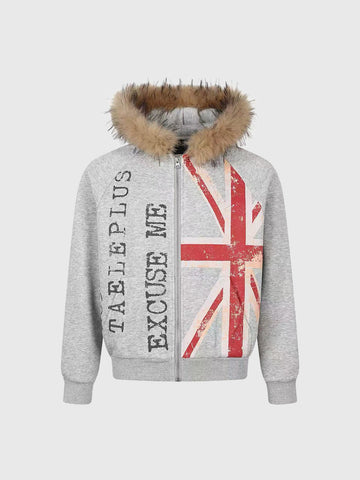 American Club Baggy Graphic Print Hooded Puffer Jacket - Grey