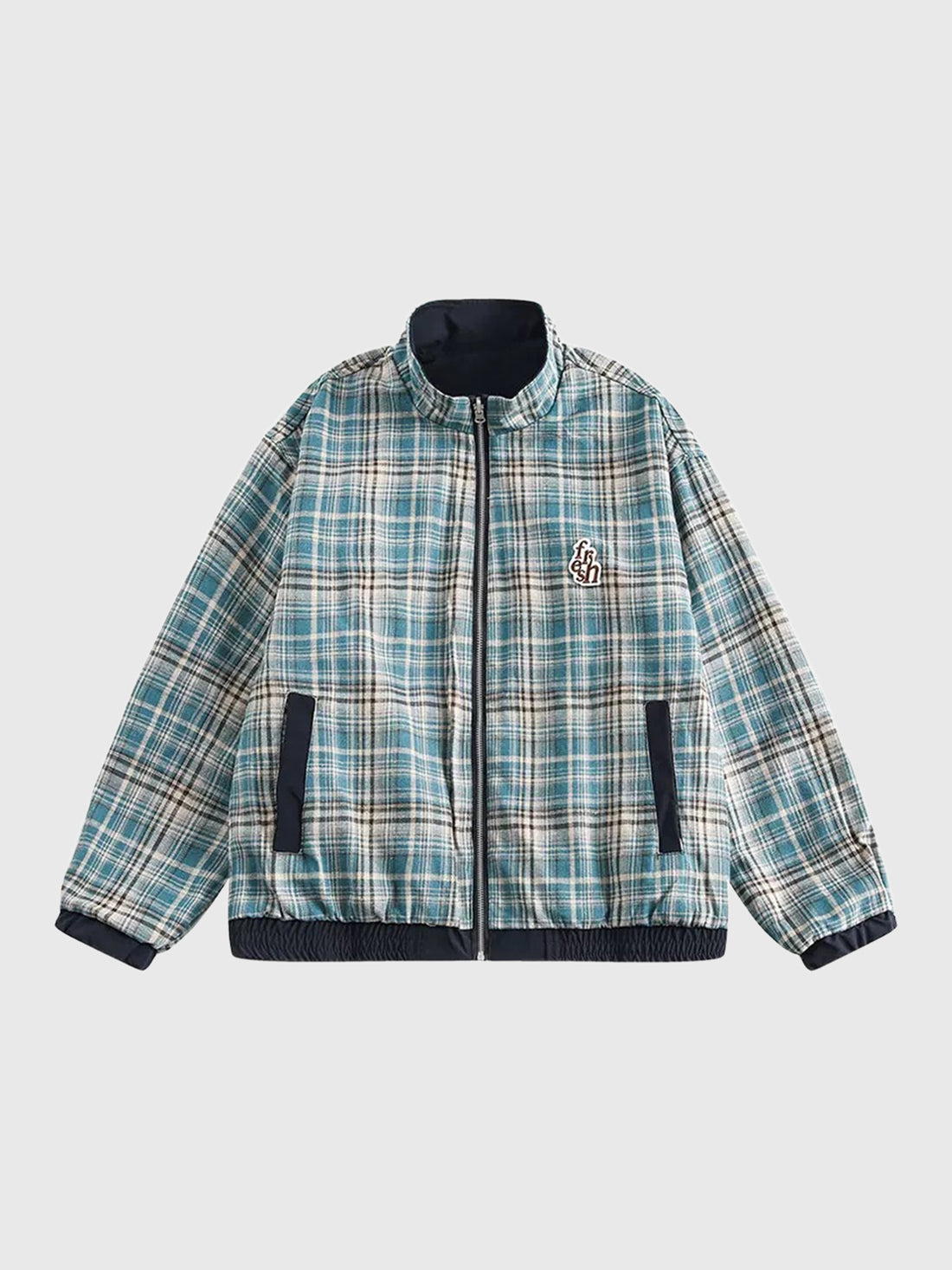 Co-ed Dorm Baggy Plaid Zip-up Jacket - Blue