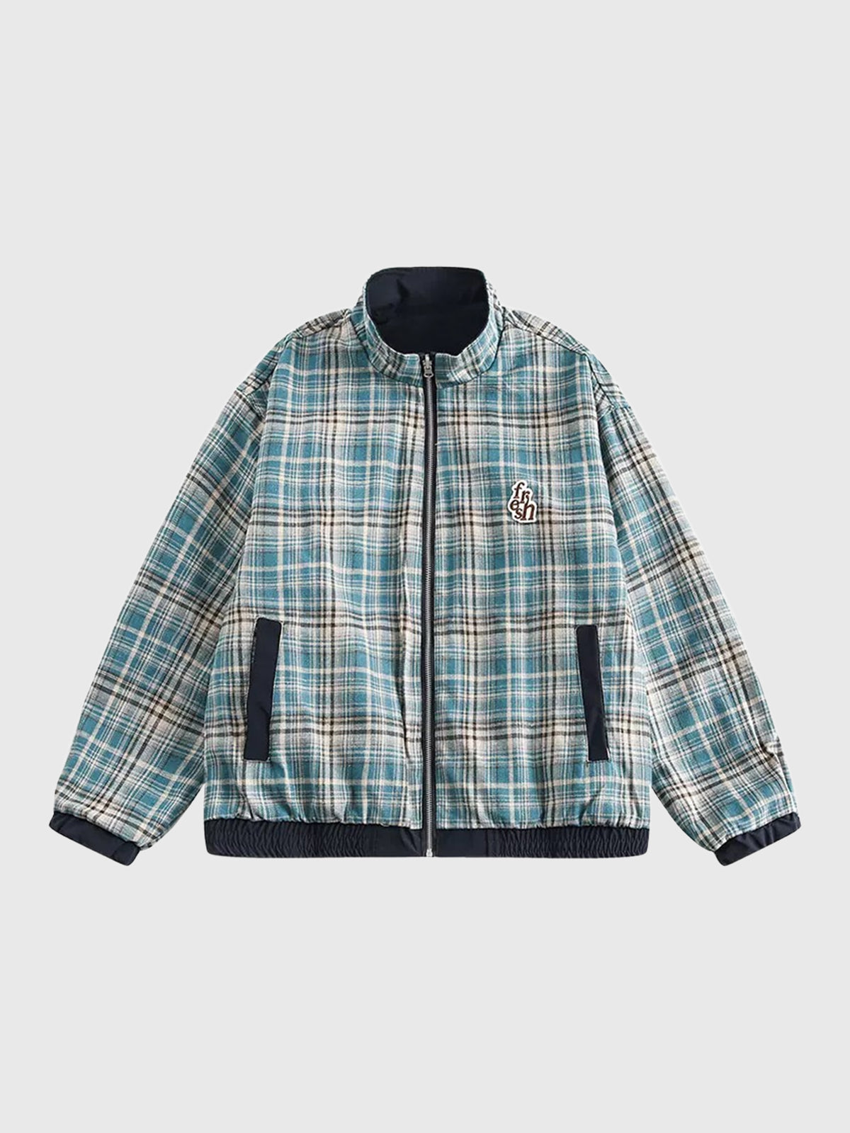 Co-ed Dorm Baggy Plaid Zip-up Jacket - Blue