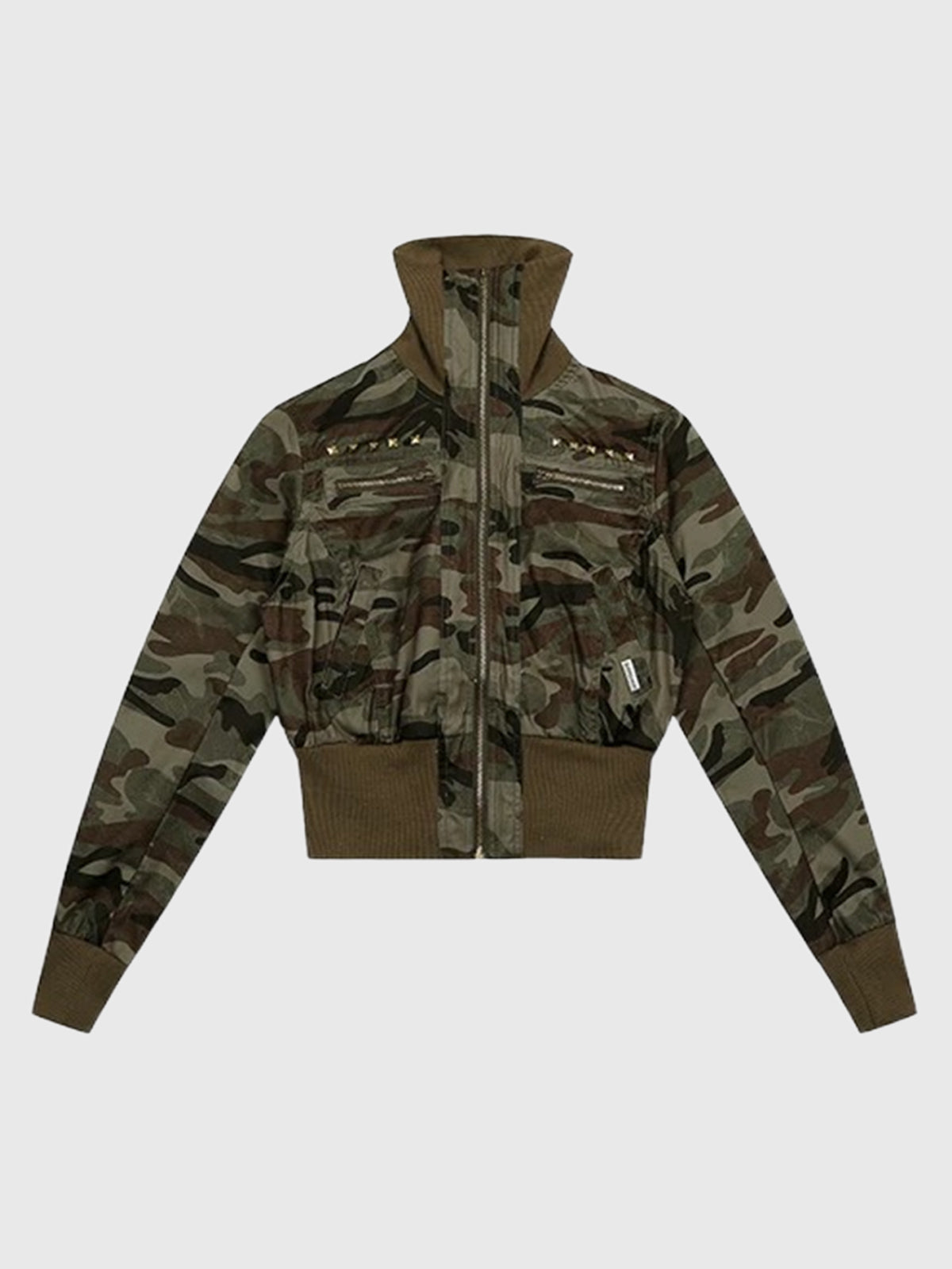 Co-ed Dorm Skimming Camouflage Cropped Zip-up Jacket - Green