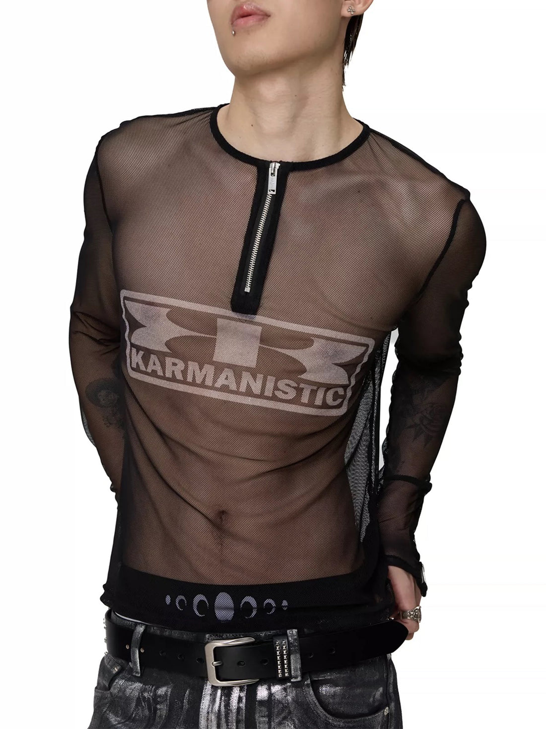 Co-ed Dorm Skimming Half-Button Sheer Mesh Top - Black
