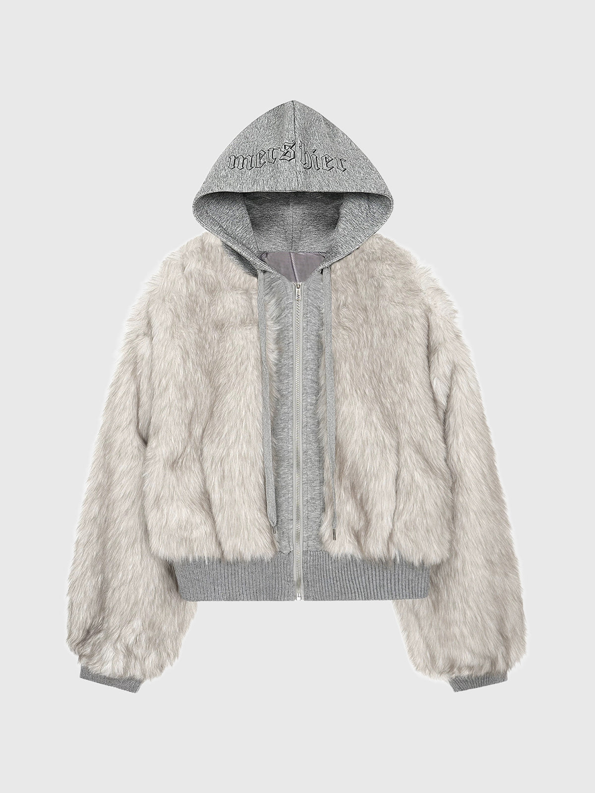 Co-ed Dorm Baggy Plush Hooded Bomber Jacket - Grey