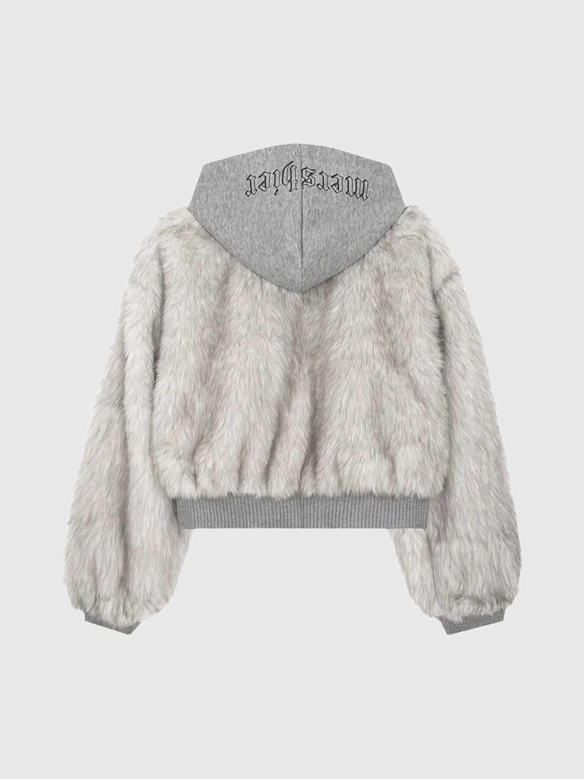 Co-ed Dorm Baggy Plush Hooded Bomber Jacket - Grey