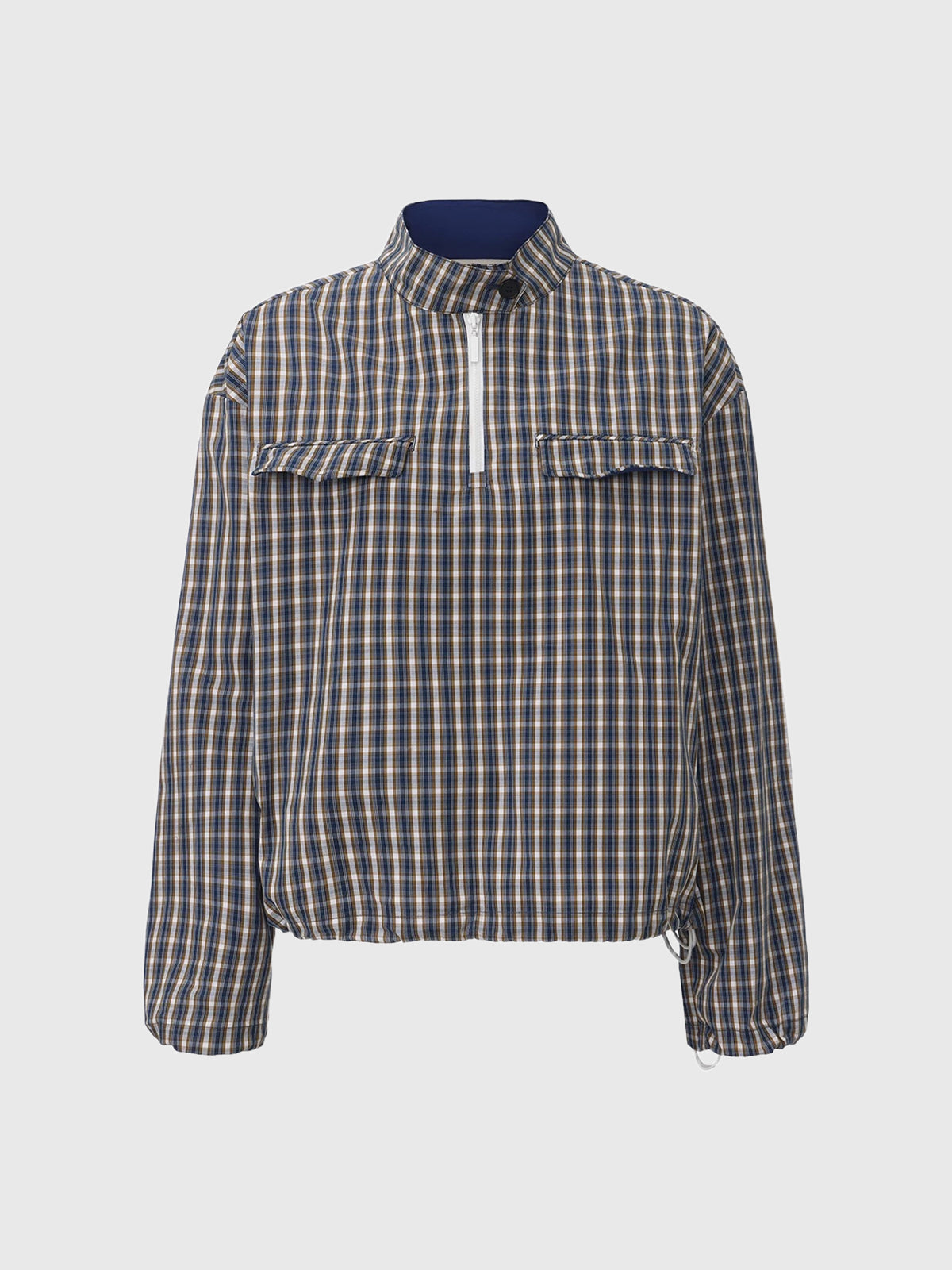 Co-ed Dorm Baggy Plaid Quarter-Zip Pullover Jacket - Blue