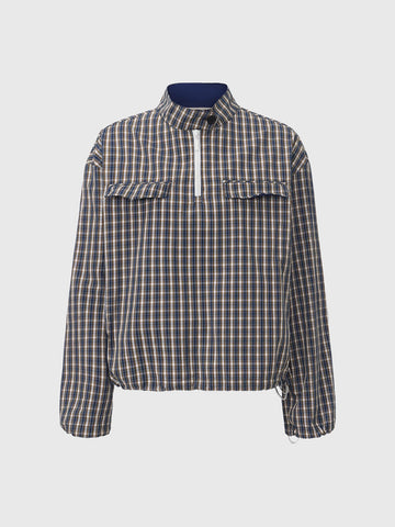 Co-ed Dorm Baggy Plaid Quarter-Zip Pullover Jacket - Blue