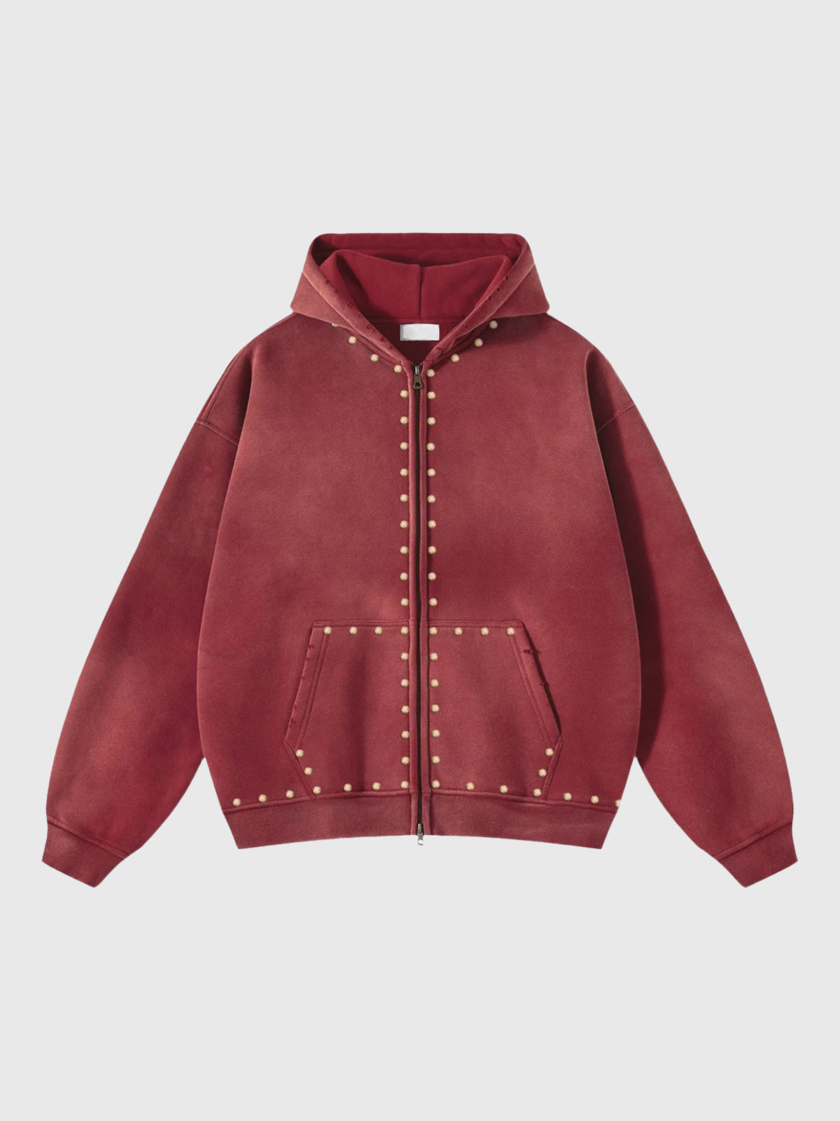 Co-ed Dorm Baggy Studded Washed Zip-up Hoodie - Red