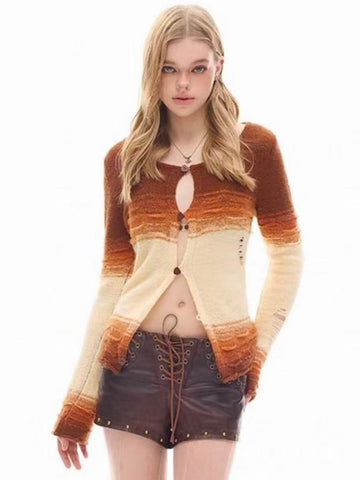 Brick Lane Skimming Ombre Long Sleeve Knit Top - Brown