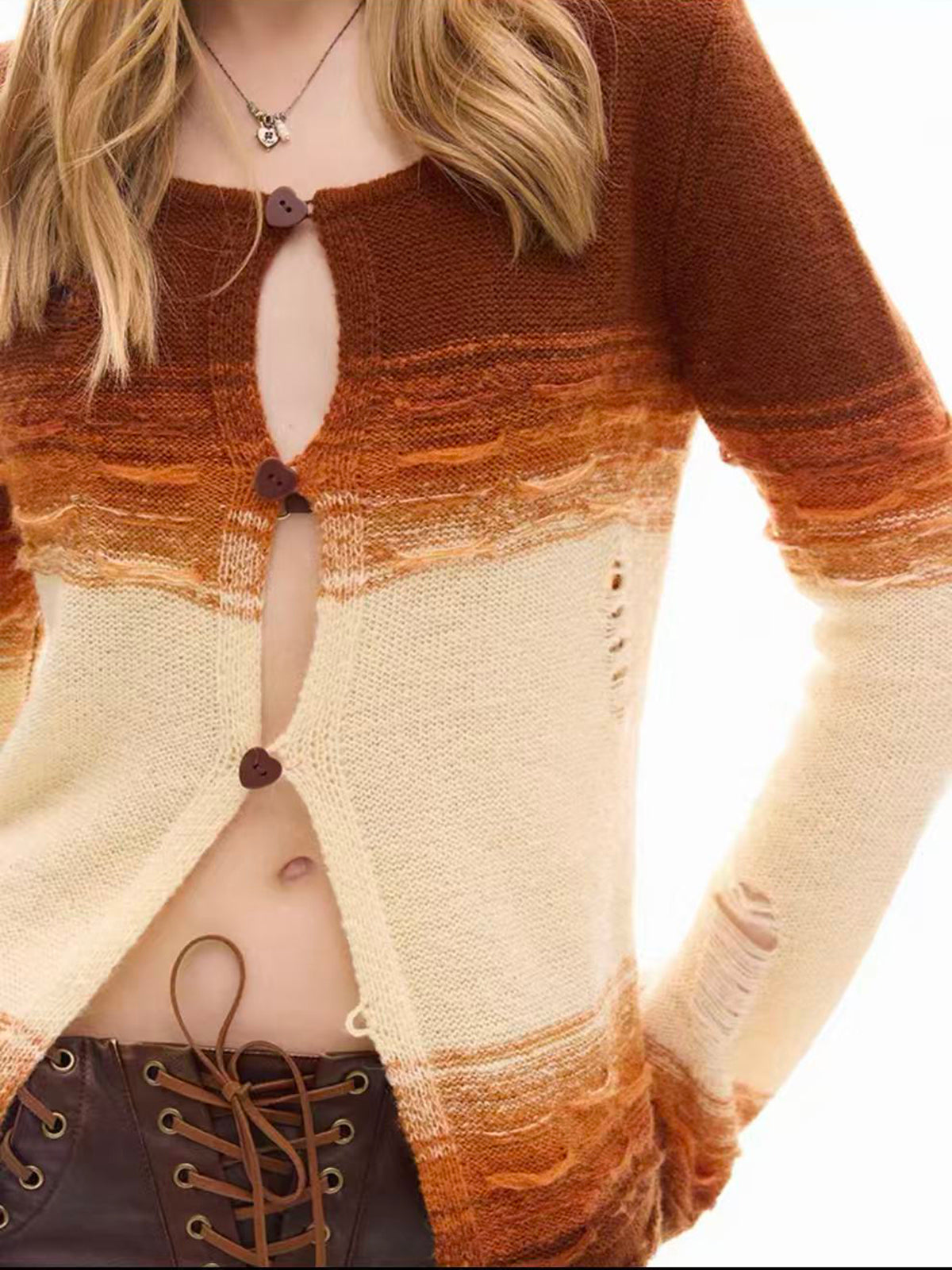 Brick Lane Skimming Ombre Long Sleeve Knit Top - Brown