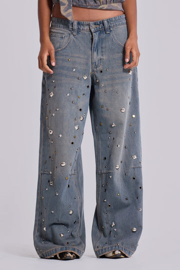 Co-ed Dorm Wide-leg Classic Washed Denim Maxi Pants - Blue