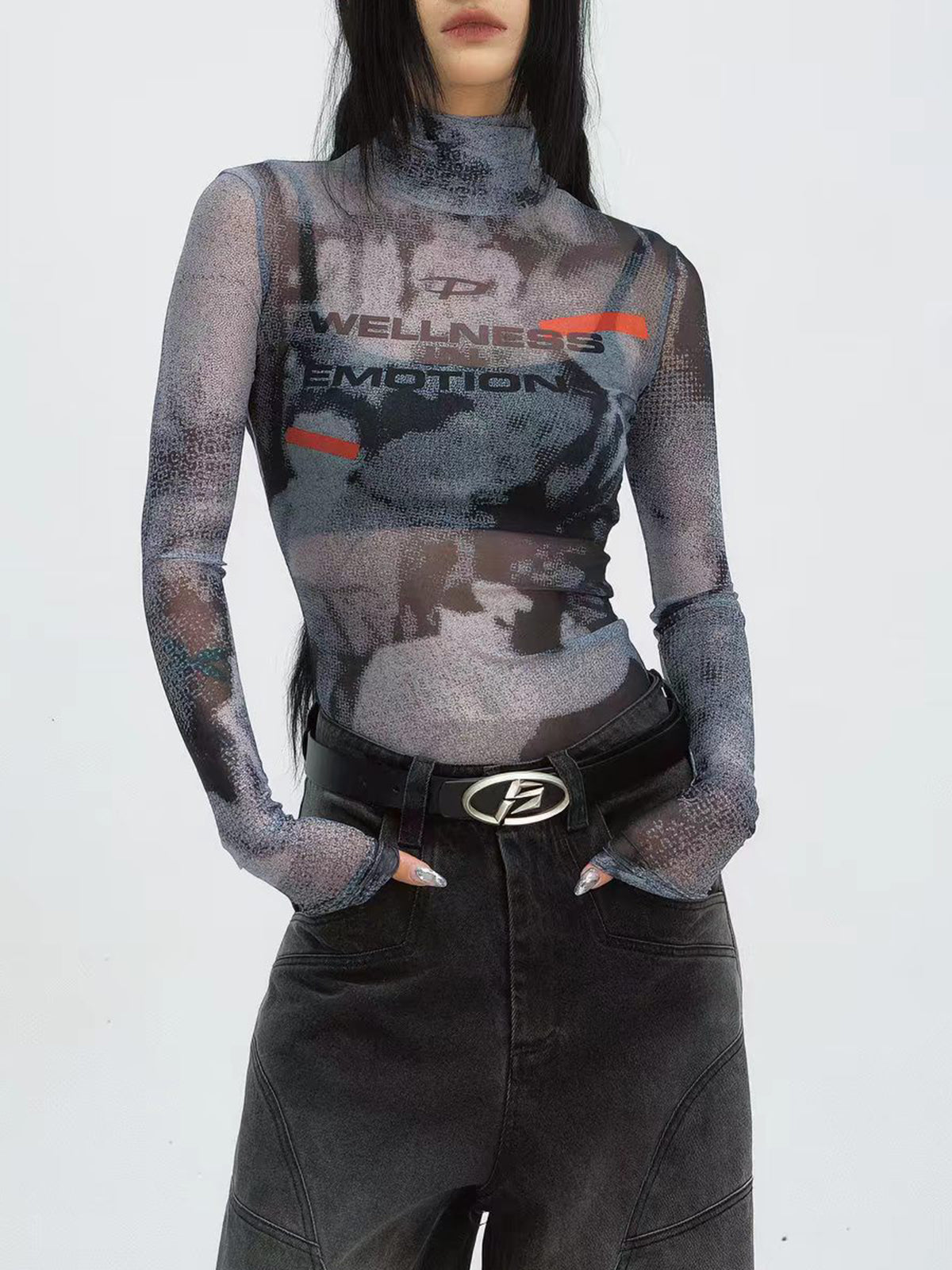 Brick Lane Skimming High Neck Graphic Print Long Sleeve Tee - Black