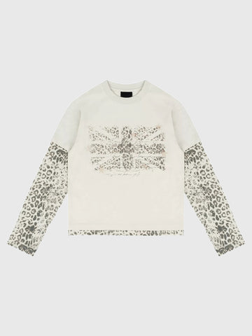 Co-ed Dorm Baggy Leopard Sleeve Graphic Sweatshirt - White