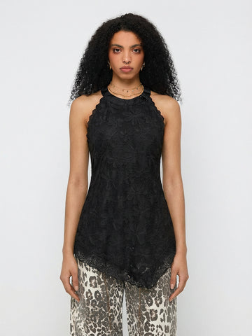 Hold Me Twice Lace Halter Tank – Coal Black