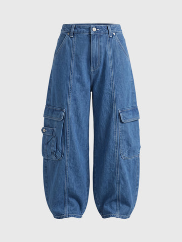 Co-ed Dorm Wide-leg Utility Denim Cargo Pants - Blue