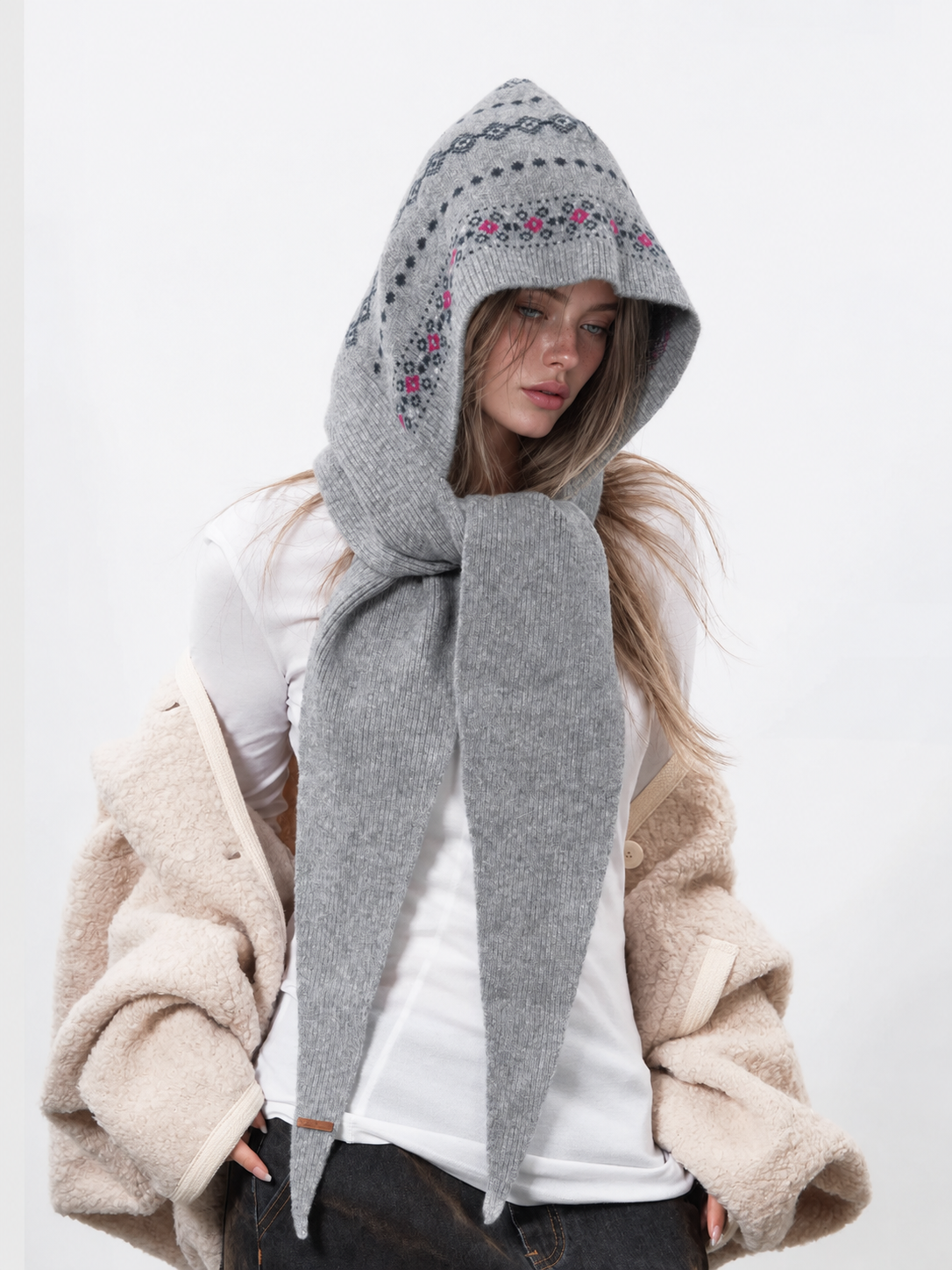 Co-ed Dorm Casual Jacquard Hooded Scarf - Grey