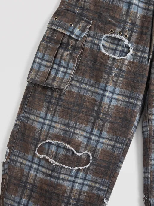 Co-ed Dorm Baggy Distressed Plaid Cargo Pants - Brown