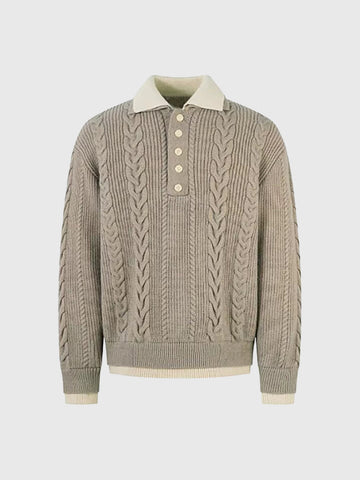 Co-ed Dorm Baggy Cable-Knit Polo Sweater - Beige