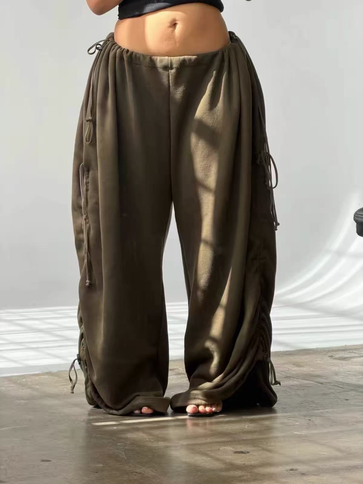 Brick Lane Metallic Sheen Wide-Leg Relaxed Maxi Pants - Olive Gold
