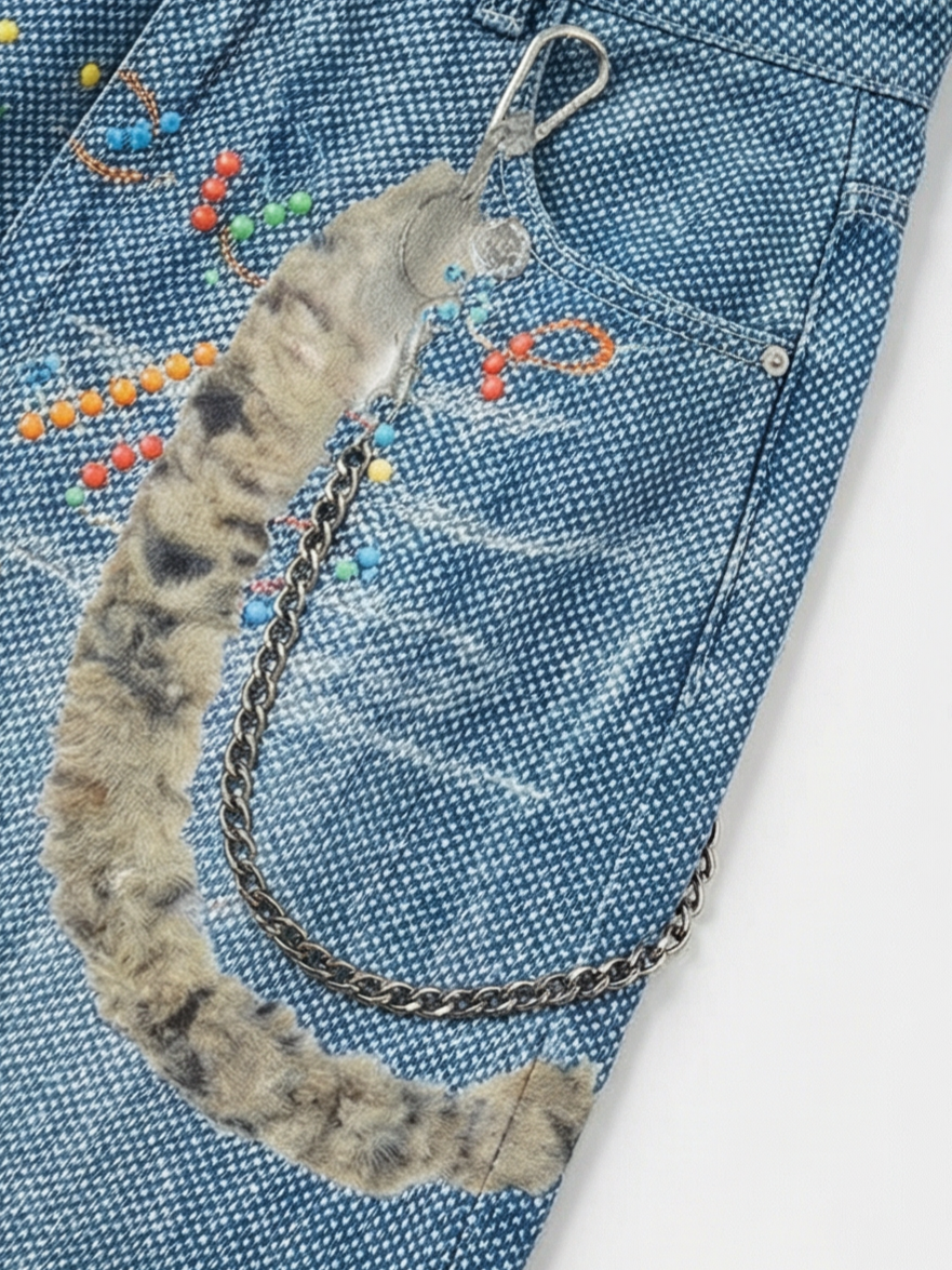 Co-ed Dorm Straight Graphic Print Denim Shorts - Light Blue