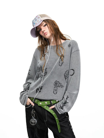 Co-ed Dorm Baggy Striped Graphic Sweatshirt - Black