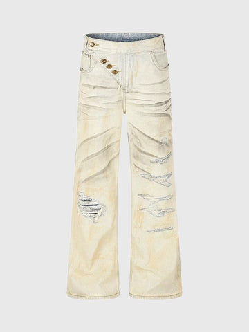 Co-ed Dorm Wide-leg Distressed Pleated Pants - White