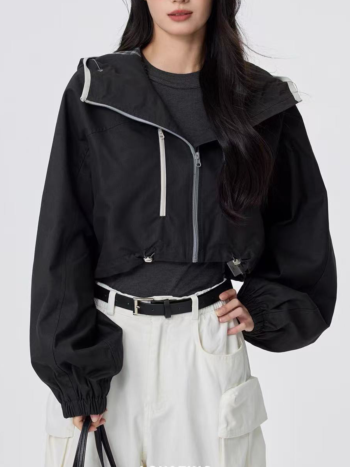 Weekday Outdoor Zip-Up Cropped Hooded Utility Jacket - Black