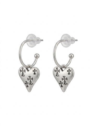 Brick Lane Punk Gothic Cross Heart Hoop Earrings - Silver