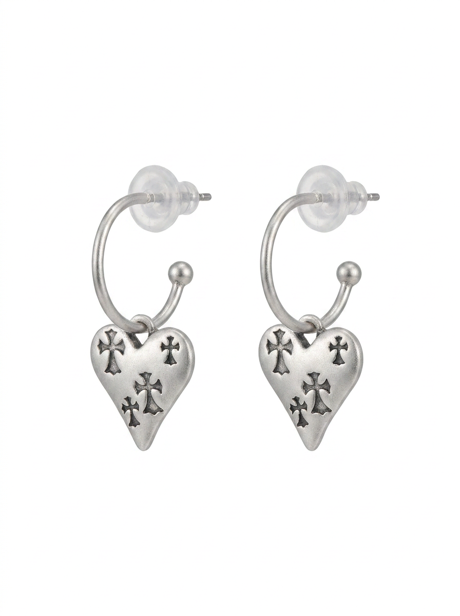 Brick Lane Punk Gothic Cross Heart Hoop Earrings - Silver