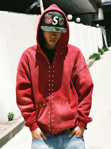 Co-ed Dorm Baggy Studded Washed Zip-up Hoodie - Red