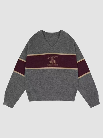 Brick Lane Chest Stripe Graphic Long Sleeve Knit Sweater - Grey