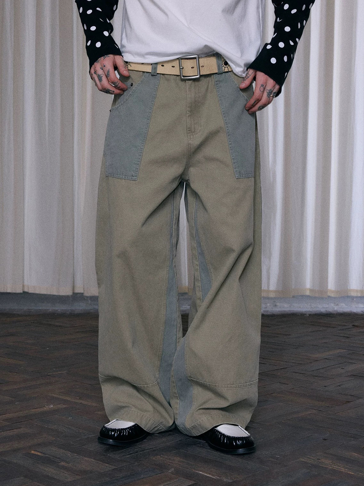 Co-ed Dorm Wide-leg Patchwork Striped Pants - Grey