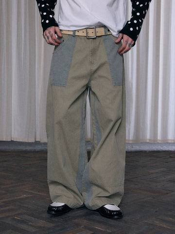 Co-ed Dorm Wide-leg Patchwork Striped Pants - Grey