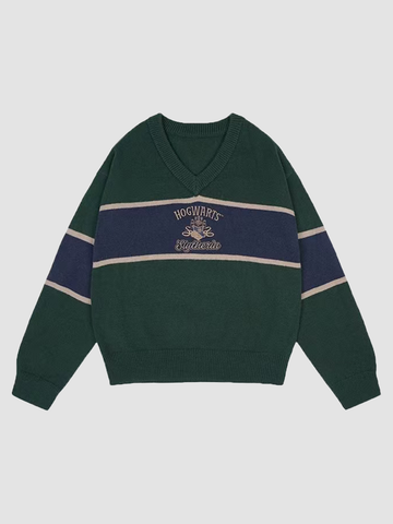 Brick Lane Chest Stripe Graphic Long Sleeve Knit Sweater - Dark Green