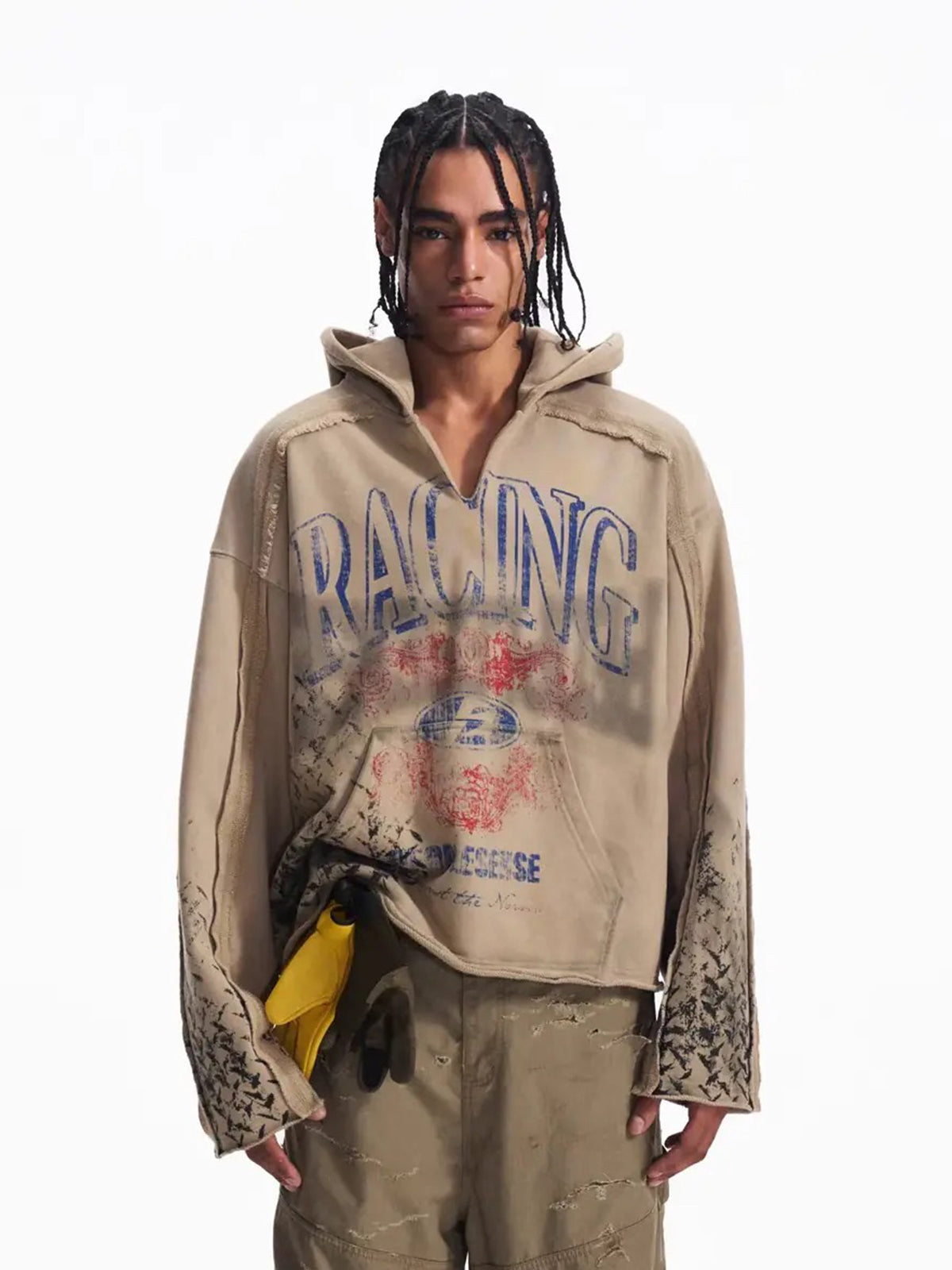 Co-ed Dorm Baggy Distressed Graphic Hoodie - Brown
