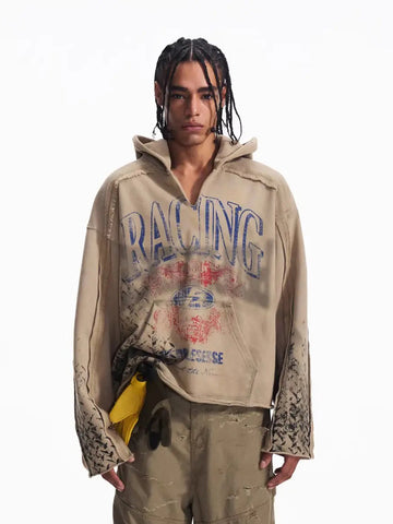 Co-ed Dorm Baggy Distressed Graphic Hoodie - Brown