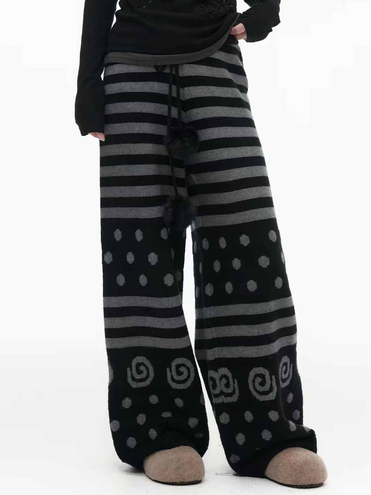 Brick Lane Horizontal Striped Wide-Leg Maxi Pants - Black/White