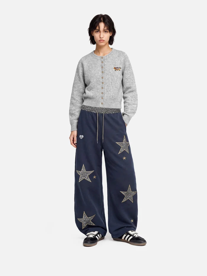 Co-ed Dorm Wide-leg Star Patch Denim Maxi Pants - Blue