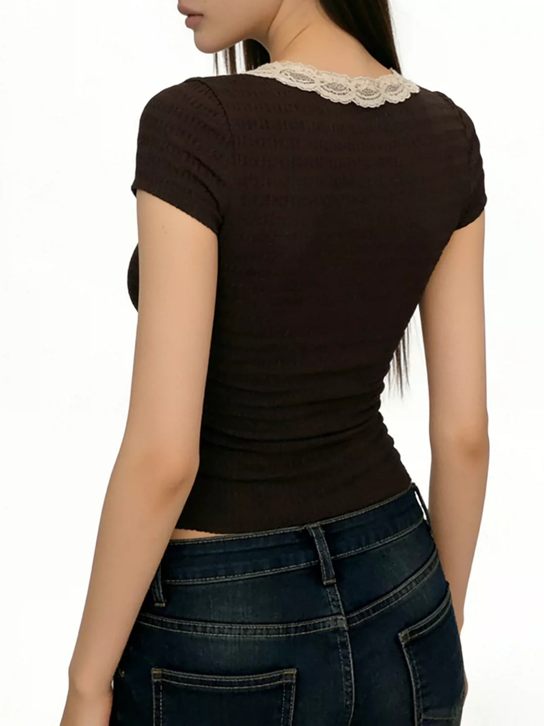 Brick Lane Skimming Lace Trim Layered-Look Tee - Brown