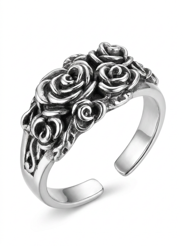 Brick Lane Gothic Vintage Carved Rose Flower Ring - Silver