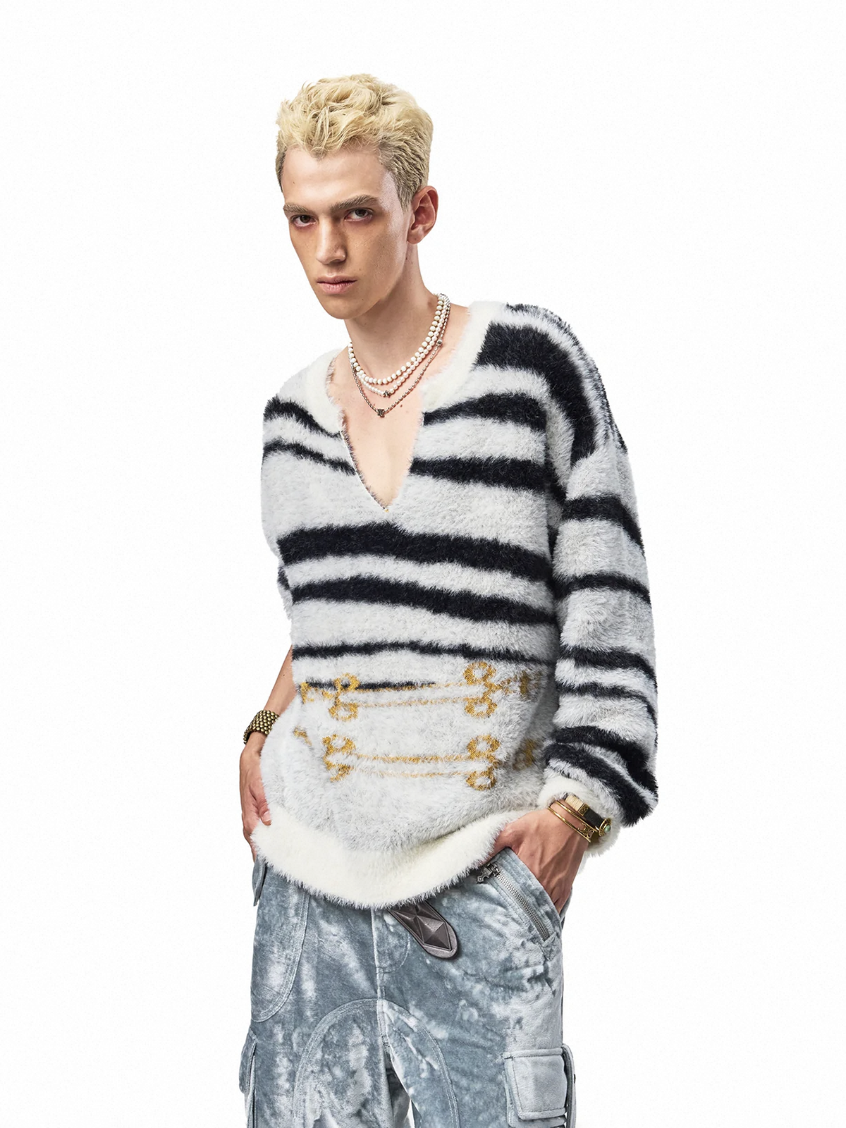 Co-ed Dorm Baggy Distressed Striped Knit Sweater - White